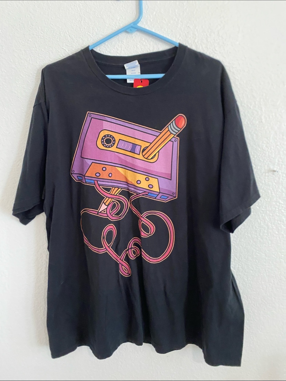 Port and Company Black Tee with Retro Cassette and Pencil Graphic